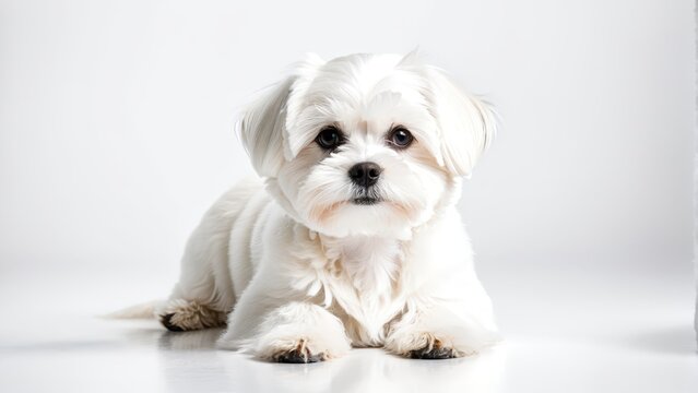   A small white dog sits on a white floor, gazing at the camera against a white backdrop
