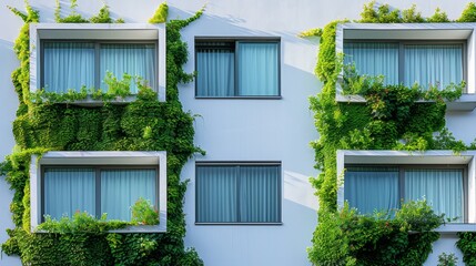 Fototapeta na wymiar Stylish urban architecture featuring a white residential building adorned with a lush green plant wall