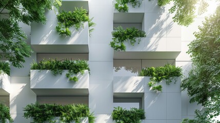Stylish urban architecture featuring a white residential building adorned with a lush green plant...