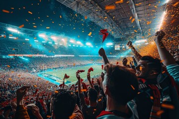 The stadium roars with energy as spectators are immersed in the thrill of a night football match under bright lights - obrazy, fototapety, plakaty