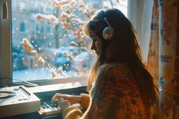 A woman wearing headphones playing music on a turntable. Ideal for music and entertainment concepts