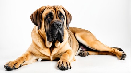   A large brown dog lies on a white floor Nearby, another dog rests – black and brown, on the same white floor - obrazy, fototapety, plakaty
