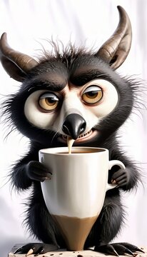   A painting of a horned animal holding a steaming mug of coffee on a saucer, gazing directly at the camera