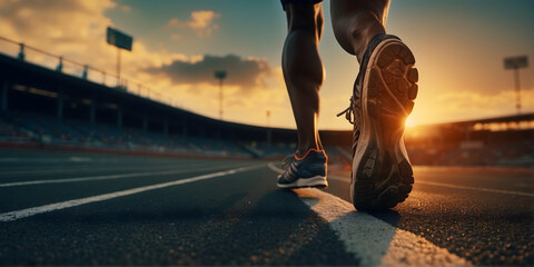 A focus on the shoes of an athlete running on a track