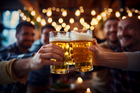 Friends Toasting Drinking Beer Happy Clinking Pint Glasses Together At Bar