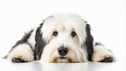   A tight shot of a dog resting on the floor, its head lowered and eyes expressively open