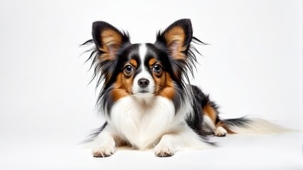   A tight shot of a border collie, black and brown, against a pristine white background, framed by a black and white border