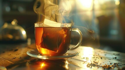 A cup of tea with steam rising out of it, perfect for cozy and relaxing concepts