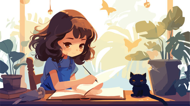 Closeup of girl writing on her journal .. 2d flat cartoon