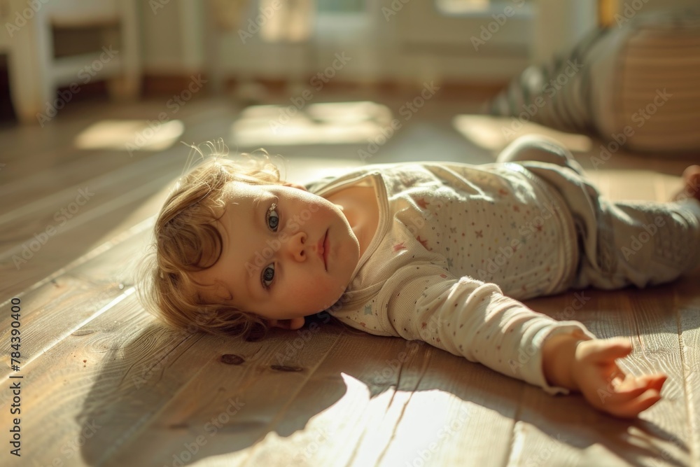Poster a young girl laying on the floor in a room. suitable for various concepts and projects
