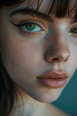 Fototapeta premium Close up of a woman with freckles, suitable for skincare products promotion