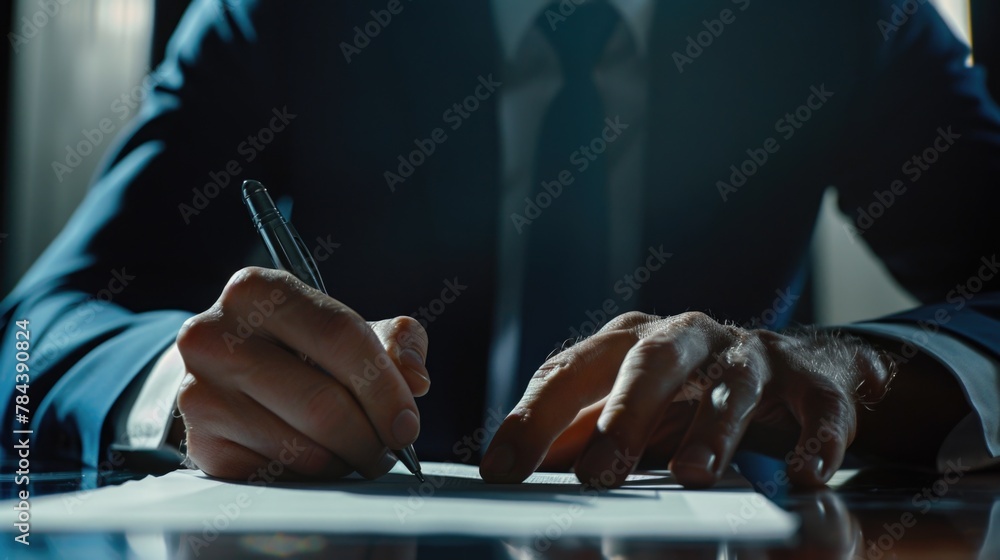 Poster a man in a suit writing on a piece of paper. suitable for business and office concepts