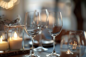 Two empty wine glasses on a table, suitable for restaurant or celebration concepts