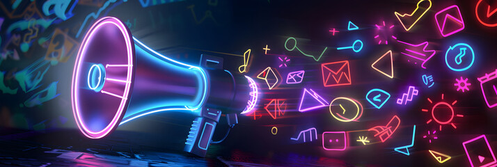 Vibrant neon megaphone with various marketing buzzwords like SEO social media and public relations. Concept Marketing Trends, Neon Megaphone, Social Media Strategies, Public Relations
