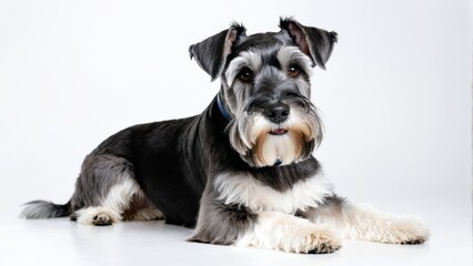   A tight shot of a dog resting on a white background A black-and-white canine sits adjacent to the frame's right side