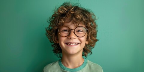 A young boy with glasses smiling for the camera. Perfect for educational and family-themed designs - obrazy, fototapety, plakaty