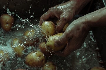 Fototapeta premium A person washing a bunch of potatoes with water. Suitable for cooking and food preparation concepts