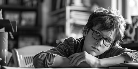 A young boy sitting at a table with pen and paper. Suitable for educational or creativity concepts