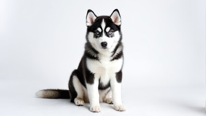   A husky dog, black and white, sits before a white backdrop, gaze serious, directly addressing the camera