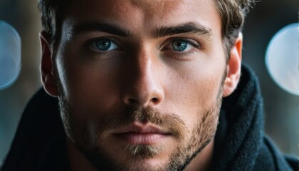 Fototapeta premium A tight shot of an individual wearing a jacket, gazing intently at the camera with a grave expression