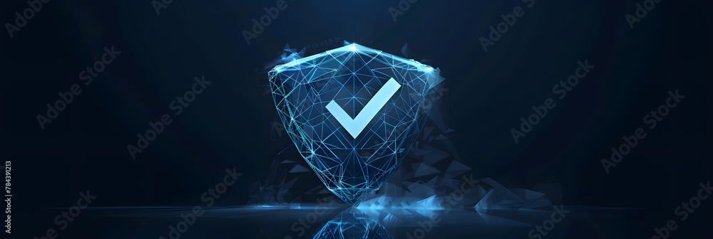 Poster a dark blue polygonal wireframe shield with a check mark symbolizing secure cybersecurity protection