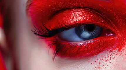 Close up of a person's eye with striking red makeup. Suitable for beauty or Halloween themed designs