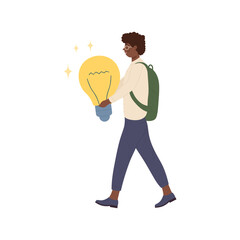 Smart student walking, carrying bright light bulb, find creative idea vector illustration
