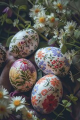 Colorful painted eggs displayed on a table, perfect for Easter and spring-themed projects