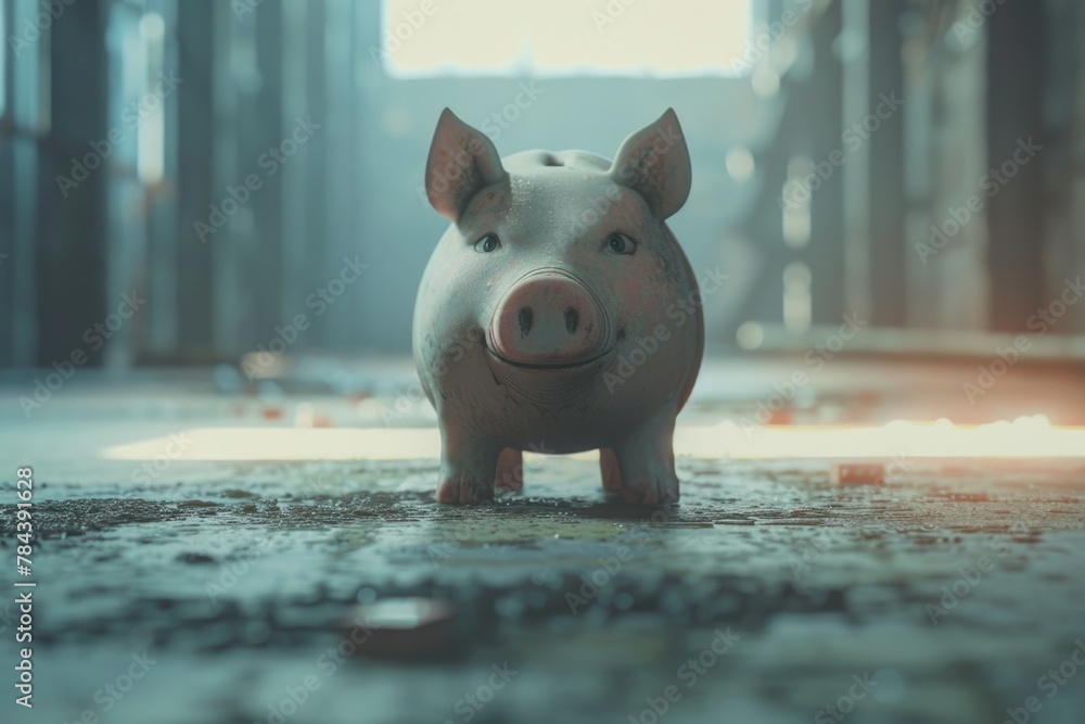 Poster a pig statue sitting on the ground in front of a window. suitable for various design projects
