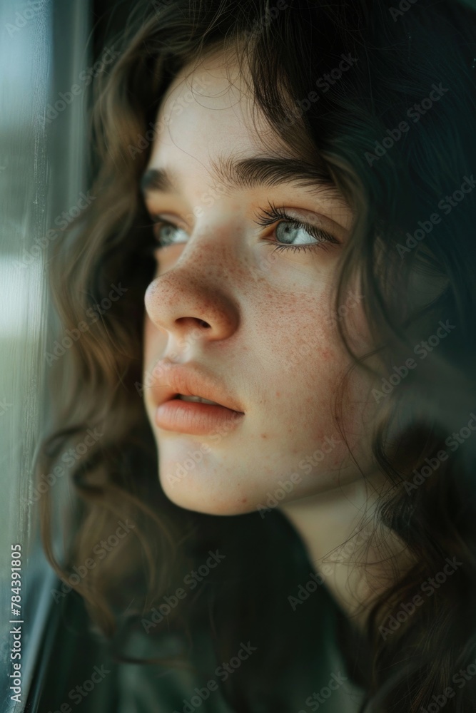 Leinwandbilder a close-up of a person looking out a window. suitable for various concepts and themes