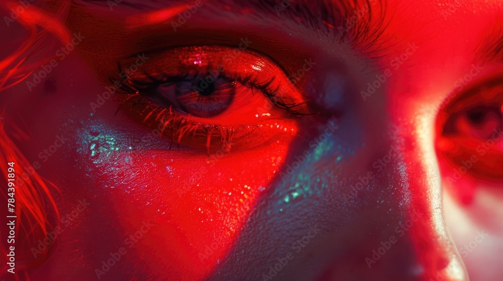 Poster close up of person's eye with red background, suitable for technology or futuristic concepts