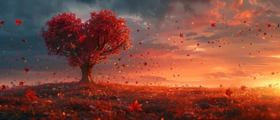 Deurstickers Enchanted sunset scene, heartshaped tree in scarlet, autumn leaves fluttering, warm, romantic colors © Thanadol