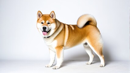   A brown-and-white dog stands before a white wall, tongue out and mouth agape
