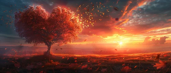 Foto op Canvas Enchanted sunset scene, heartshaped tree in scarlet, autumn leaves fluttering, warm, romantic colors © Thanadol