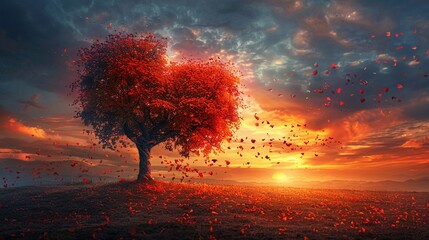 Romantic sunset, scarlet heart tree at center, autumn leaves drifting, sky painted in deep, passionate colors - obrazy, fototapety, plakaty