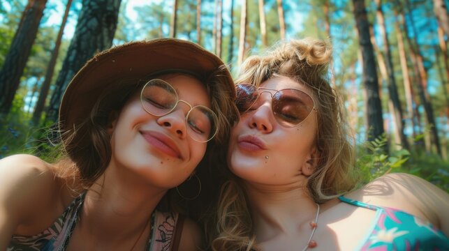 Two young women posing for a picture in the woods, suitable for lifestyle or friendship concepts