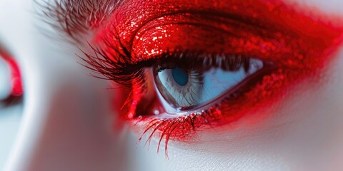 Close-up of a person's eye with striking red makeup. Perfect for beauty or Halloween themes