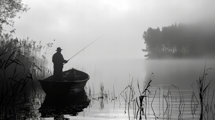 fisherman standing in boat holding fishing rod at foggy lake  - obrazy, fototapety, plakaty