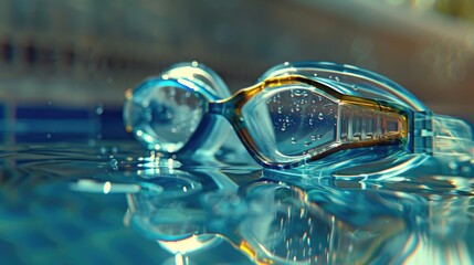Goggles resting on top of a clear blue swimming pool. Ideal for summer and water sports concepts
