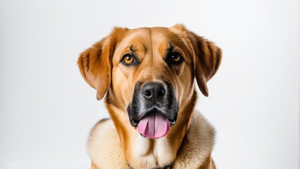   A tight shot of a large, brown dog with its black nose and tongue extending from its opened mouth