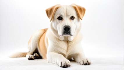   Close-up of a sad-looking dog lying down against a pristine white backdrop