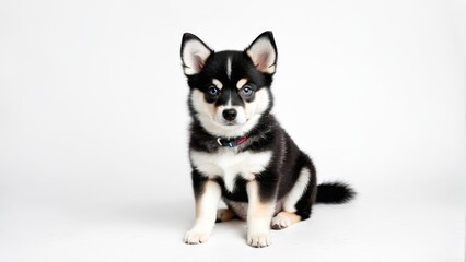   A small black-and-white dog sits atop a white floor, gazing intently at the camera with a serious expression