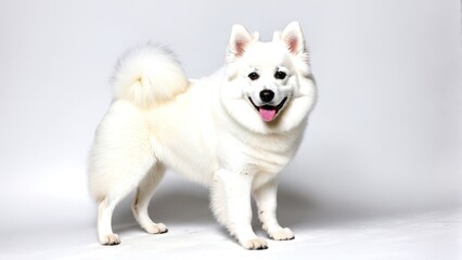 Fototapeta na wymiar A white dog sticks out its tongue against a pure white backdrop