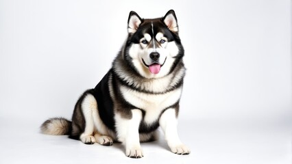   A husky dog in black and white, tongues out, sits before a white backdrop with an extended tongue