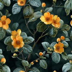 The seamless pattern features botanical branches and orange flowers with a black background done in watercolor - obrazy, fototapety, plakaty