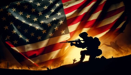 A soldier is silhouetted against a red, white, and blue American flag. The flag is waving in the wind, and the soldier is holding a rifle. Concept of patriotism and pride in one's country,Memorial Day - obrazy, fototapety, plakaty