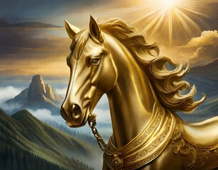 a golden statue of a horse, symbolizing resilience and nobility - obrazy, fototapety, plakaty