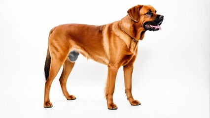 Obraz premium A large brown dog with tongue out and mouth open against a white backdrop