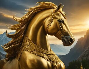 a golden statue of a horse, symbolizing resilience and nobility - obrazy, fototapety, plakaty
