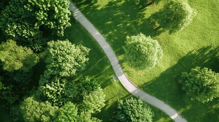 An overhead perspective of a road winding through a park. Suitable for travel or nature concepts